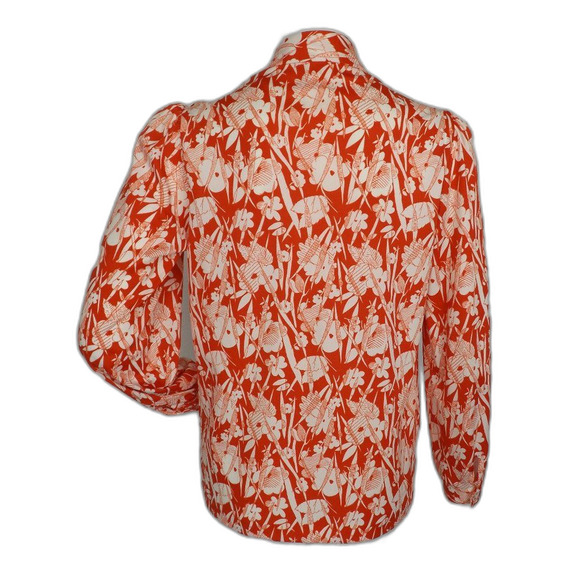 FIRE ISLANDER Vintage Blouse, M, Red-Orange/White, Sketched Floral, Long slvs - Picture 7 of 13